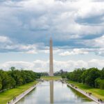 A scenic view of the Washington Monument in Washington, D.C., with reflections in the reflecting pool and a cloudy sky overhead.