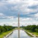 A scenic view of the Washington Monument in Washington, D.C., with reflections in the reflecting pool and a cloudy sky overhead.